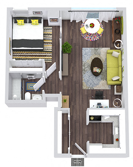 Floor plan for 1 bed, 1 bath, 524 sqft